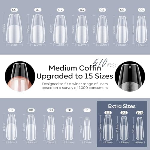 modelones X Nail Gel Kit Medium Coffin, Upgrade 510Pcs Fake Nails, 9-in-One Glue Prep Dehydrator & Portable Mini U V Light Acrylic Clipper, Coffin Tips Extension Kit for DIY Salon Home Gifts - Thumbnail 2
