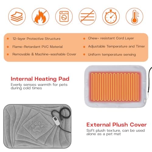 Petrendy Large Dog Heating Pad with Washable Cover, Soft Plush Pet Heating Pad with 9 Adjustable Temperature, Timer, Chew-Resistant Cord, Waterproof Electric Heated Pet Bed Mat for Dogs and Multi-Cats - Thumbnail 3