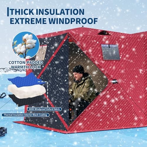 Garvee Pop Up Ice Fishing Shelter and Insulated Ice Fishing Tent with 49ft LED Light Strip, Windproof Portable Hub Design, Fits 5-7 People, 69 sq ft Fishable Area, Red+Black - Thumbnail 5
