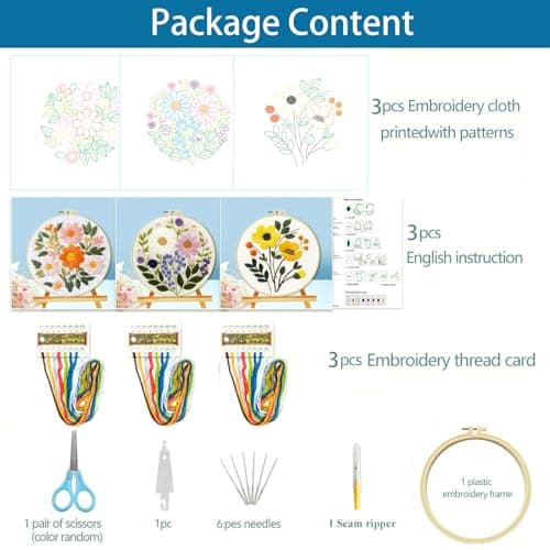 FEIYUENO Beginner Embroidery Kit for Adults, 3-Pack Easy Needlepoint Starter Kits with Pre-Stamped Floral Embroidery Patterns, 7.8" Hoop, Floss & Needles, Step-by-Step Guide (Flower) - Thumbnail 2