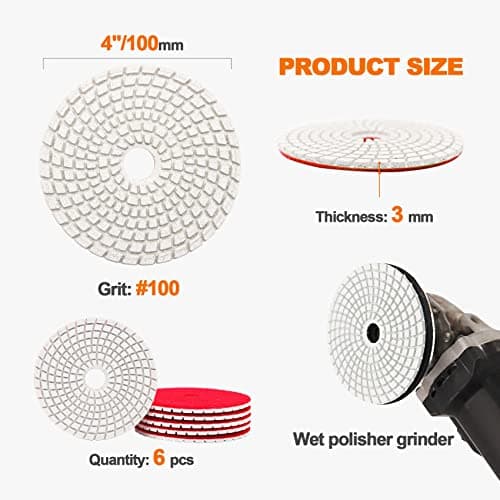 Wet Diamond Polishing Pad Set,BRSCHNITT 6pcs 4 inch #100 for Stone Marble Quartz Granite Sanding Disc Polisher Pads Kit Tools for Wet Grinder Polisher,Countertop Polish,Grinder - Thumbnail 2