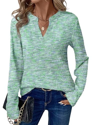 Dokotoo Spring Tops for Women 2026 Womens Long Sleeve V Neck Waffle Knit Tops Henley Shirts Women Blouses Dressy Casual Business Casual Outfits Fashion Clothing Mint Green Tops Trendy XXL - Image 1