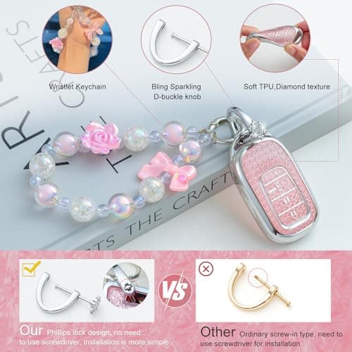 XUPEIXUN for Honda Key Fob Cover with Keychain, Pink TPU Key Case Protection Shell Compatible with 2022 Hond Accord Civic CRV Pilot Odyssey 11th Gen Bling Car Accessories - Thumbnail 4