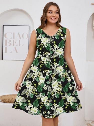 AusLook Plus Size Women Summer Dress Sleeveless V Neck Casual Cute Loose Sundress Black Yellow Lily 3X Comfy Swing Button Down Midi Work Flowy Tunic Ladies Beach Vacation Teacher Dresses with Pockets - Thumbnail 5