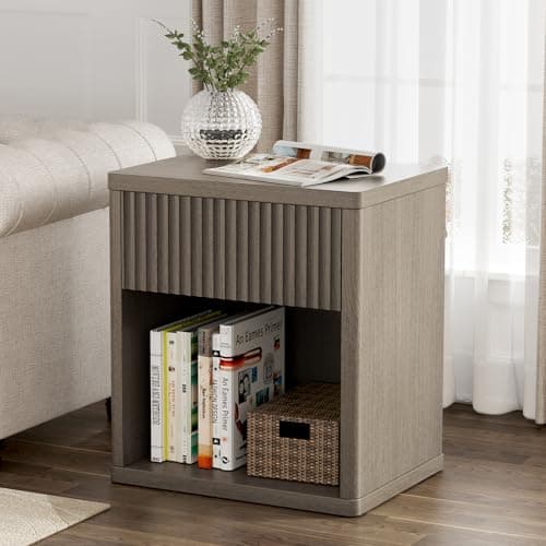 Night Stand Fluted Nightstand with Drawers for Bedroom, Modern Mid Century Bedside Table with Open Storage Shelf, Wood Night Stands End Table for Living Room Sofa Home Office Antiqued Brown Oak