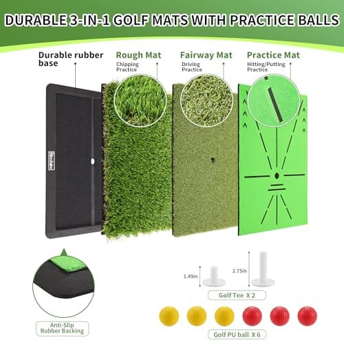 Golf Hitting Mats Training Equipment, Portable Golf Mat with Longer Swing Path Trajectory, 3-in-1 Replaceable for Driving, Chipping & Hitting Mat, No-Slip Heavy Duty Rubber Base, Indoor/Outdoor - Thumbnail 5