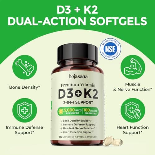 HojaSana Vitamin D3 K2 5000IU 100mcg MK-7 for Bone, Immune & Heart Support - Thumbnail 5