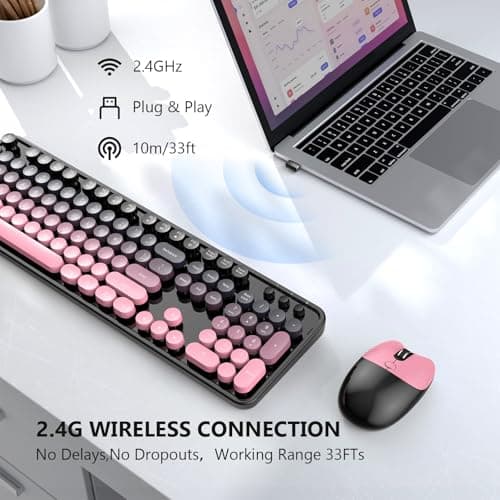 MOFII Wireless Keyboard and Mouse Combo, 2.4 GHz Full-Size Retro Round Keyboard and Mouse, Plug and Play, 8 Multimedia & Shortcut Keys for Mac, Windows, Laptop/Desktop/PC - Pink Gradient - Thumbnail 2