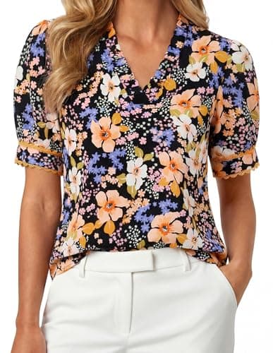 GRACE KARIN Women Boho Floral Tops, Summer Puff Short Sleeve Dressy Casual Shirts, 2026 Spring V Neck Vacation Work Blouse Orange Black XXL - Image 1
