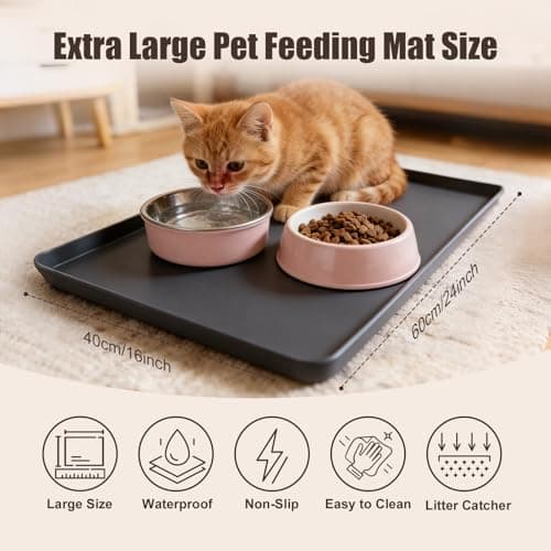 Large Cat Dog Food Mat, 24” X 16” Waterproof Silicone Pet Feeding Mat with Raised Edges, Non-Slip Dog Placemats for Food and Water Bowl, Spill-Proof Mat to Protect Floors, Black - Thumbnail 3