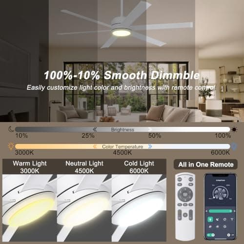 Ohniyou 60" Industrial Ceiling Fan with Lights - Remote & APP Control, Dimmable, DC Motor, Indoor Outdoor Fan for Patio Living Room, White - Thumbnail 5