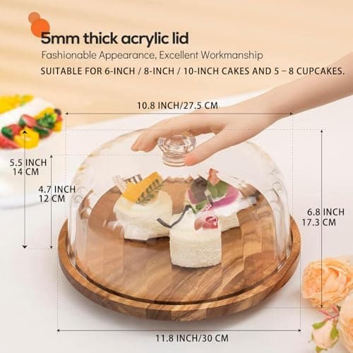 cutesun Cake Stand with Lid, 10.8'' Shatterproof Acrylic Dome (Not Glass), 11.8'' Rotating Acacia Wood Cake Display Stand for Wedding Birthday Party Dessert - Thumbnail 4