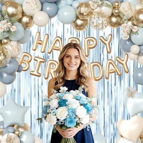 Blue Birthday Decorations, Dusty Light blue Sand White Gold Confetti Foil Balloons Happy Birthday Banner Gold Butterfly Fringe Curtains, Dusty Blue Birthday Decorations for Girls Women - Thumbnail 5