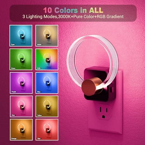 JandCase Night Light, 2 Pack Color Changing Night Lights Plug into Wall, RGB Nightlight with Light Sensor, 180° Rotatable Plug in Nightlights, Dimmable Ring Acrylic Night Light for Kids Gifts Hallway - Thumbnail 3