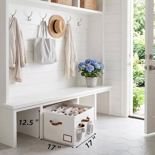 StorageWorks Shoe Organizer for Closet, Shoe Storage Bins with Clear Lid, Fabric Shoe Boxes with Side Mesh Pockets, Closet and Storage Bins for Slippers and Flats, Holds Up to 16 Pairs, Beige - Thumbnail 2