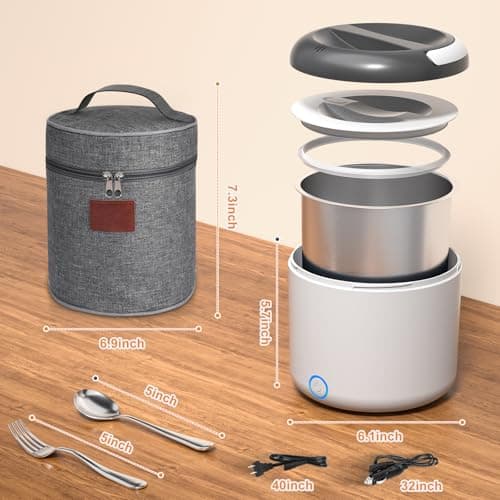 Vingud Electric Lunch Box for Adults, 1.2L/41oz, 100W Fast Heated Lunch Box, 12V/24V/110V Portable Food Heater for Car/Office Work with 304 Stainless Steel Container, White Gray - Thumbnail 6