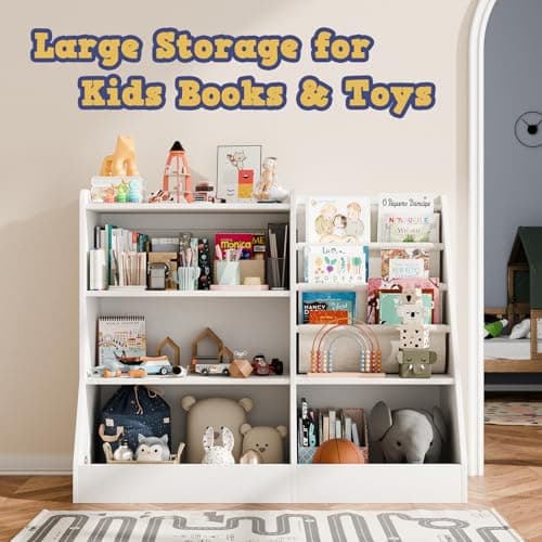 IKALIFE 39" Large Kids Wooden Bookshelf and Toy Storage Organizer, Baby Bookcase with Sling Book Rack, Children Toddler Wooden Book Shelf for Kids Rooms, Playroom, Classroom, Nursery, School (White) - Thumbnail 6