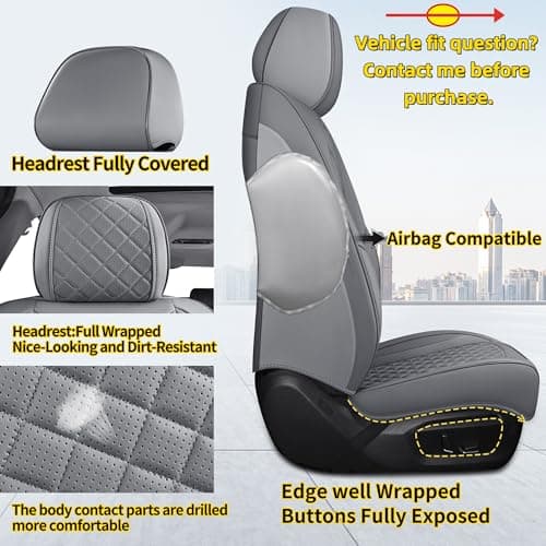 Chezope Car Seat Covers Full Set, Grey Leather Seat Covers, Breathable Front and Back Car Seat Protectors, Wear-Resistant Seat Covers Universal Fit for Most Cars SUV Truck (Grey-Diamonds, Full Set) - Thumbnail 2