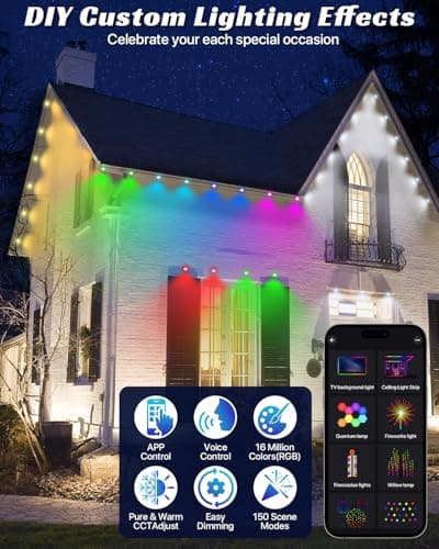 XXKJTO Permanent Outdoor Lights 100FT 72 Triple-Led Smart RGB Outside Christmas Light for House, IP67 Waterproof Eave All Year Round Light with 150 Scene Modes & App/Remote, Warm White - Thumbnail 2