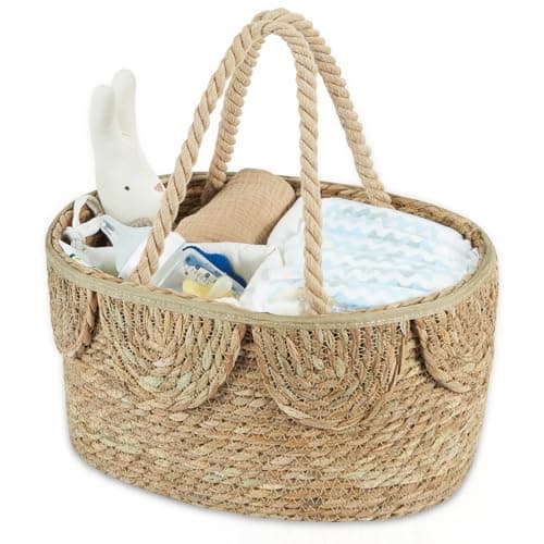 FairyHaus Diaper Caddy Organizer, Portable Natural Wicker Diaper Caddy with Rope Handles and Cotton Divider, Handwoven Seagrass Diaper Caddy Basket with Scalloped Edge for Nursery Picnic - Image 1