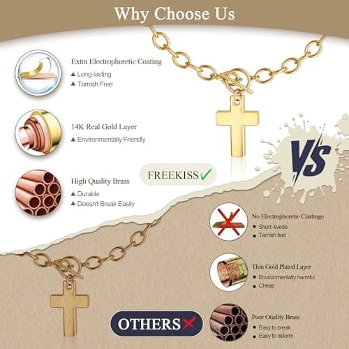 Freekiss Cross Necklaces for Women: 14K Gold/Sterling Silver Plated Trendy Chunky Cross Pendant Necklace for Women,Tarnish Free Toggle Clasp Paperclip Chain Dainty Religious Faith Fashion Jewelry Gifts - Thumbnail 3