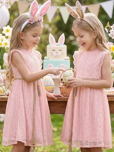 ALLOVIN Toddler and Girls Vintage Boho A-Line Lace Dress with Belt Pom Pom Trim Birthday Party Dress | Pink | 6-7Y - Thumbnail 6