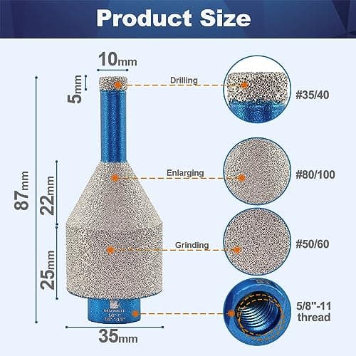BRSCHNITT Diamond Core Drill Bit 10-35mm - Finger Milling Bits, Diamond Beveling Chamfer Bit for Drilling Enlarging Shaping Holes in Porcelain Tile, Ceramic, Marble, Granite Countertop - Thumbnail 2