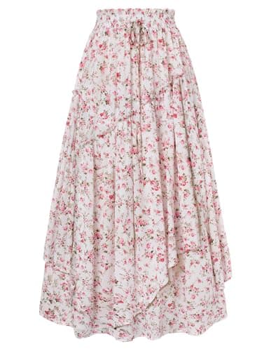 Scarlet Darkness Women Floral Print Boho Skirt Elastic High Waist Long Maxi Skirts with Pockets Pink Floral XL - Image 1
