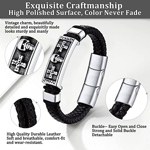 Bestyle Punk Mens Leather Skull Bracelets for Men Cool Stainless Steel Sketelon Cross Braided Leather Cuff Bracelets with Clasp Adjustable, Men Fashion Wrist Jewelry, Size 21-23cm - Thumbnail 5