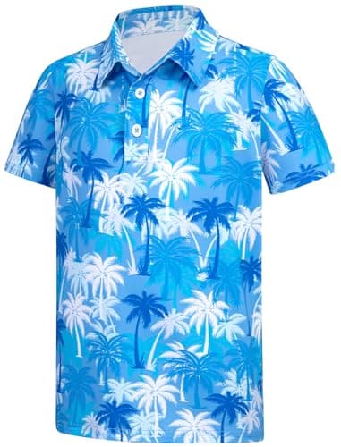 Spring Boys Polo Shirt Size 10-12 Hawaiian Shirt Palm Tree Holiday Short Sleeve Blue Collared School Uniform Athletic Dry Fit Tops Casual Clothes - Image 1