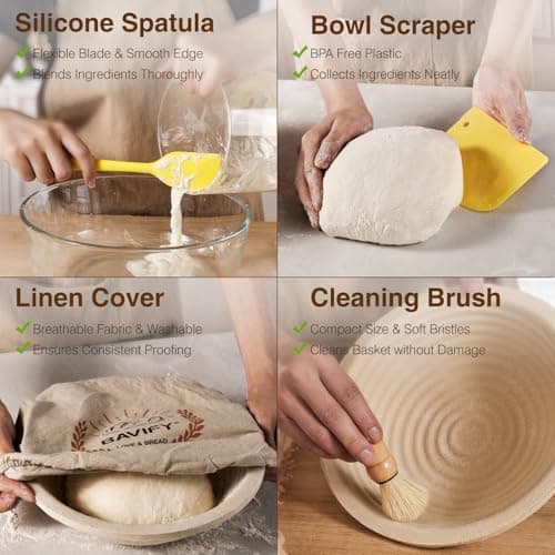 BAVIFY Sourdough Starter Kit, Banneton Bread Proofing Baskets Set, Sourdough Bread Baking Supplies Making Tools with Dough Scraper, Whisk, Bread Lame, Recipe, Wood Pulp Banneton - 2 Round Gift Set - Thumbnail 6