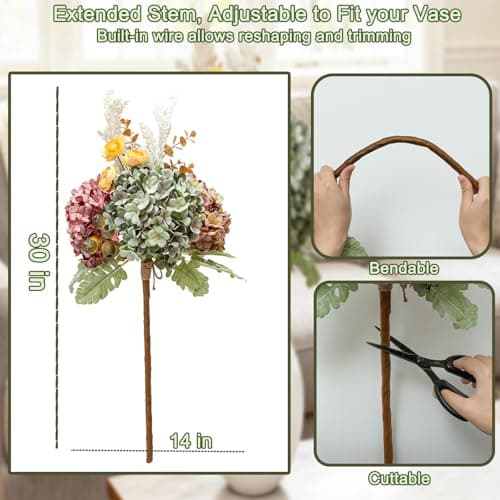 Lune cle Hydrangea Artificial Flowers Bouquet, Pre-Arranged Fake Flowers Bouquet with Ranunculus, Eucalyptus, Pampas, Real Touch Silk Flowers for Centerpiece Shelf Table Wedding Home Decor - Thumbnail 5