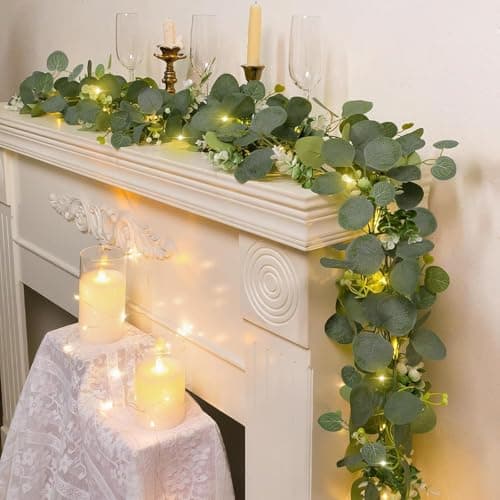 N&T NIETING 4 Pack Artificial Eucalyptus Garland with Lights, 6FT Artificial Greenery Garlands, Battery Operated Twig Vine for Room Stairs Mantle Wedding Holiday Easter Decoration Indoor Outdoor - Thumbnail 4