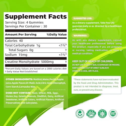 NSF Certified Creatine Gummy - Creatine Monohydrate Gummies 5000mg for Men & Women -120 Gummies Advanced Formula, Muscle Strength, Muscle Builder, Energy Boost, Pre-Workout Supplement-Apple - Thumbnail 2