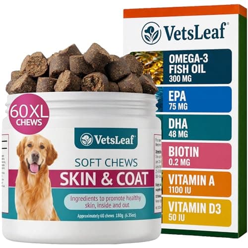 VetsLeaf Dog Skin & Coat Chews for Itchy Skin, Paw Licking & Dry Skin Allergy Relief - Omega-3 Fish Oil, EPA & DHA, Biotin, Vitamin A & D3 - Anti Itch Skin Support - Made in USA - 60 Count