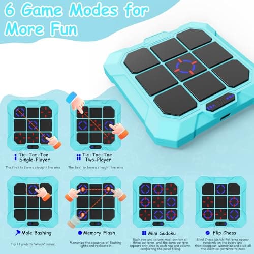 VDPDO Tic Tac Toe Game, 6-in-1 Electronic Tic Tac Toe with Mute & Rechargeable - Handheld Travel Board Game for Kids Ages 4+, Adults, Family - Educational Learning Toy for Boys Girls，Blue - Thumbnail 3