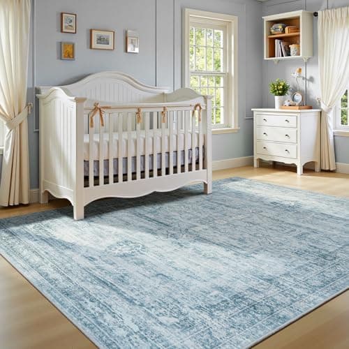 Carpelux 5x7 Washable Area Rugs for Living Room, Neutral Retro Aesthetic Non Slip Blue Rug for Nursery Kids Room, Soft Faux Wool Cozy Floor Carpet for Bedroom Dining Room - Thumbnail 5