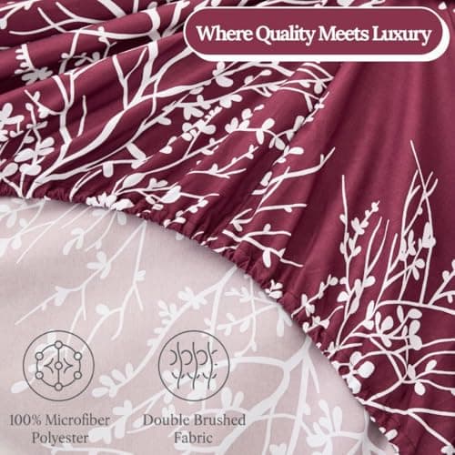 Spirit Linen home Queen Size Bed Sheets - Pure Microfiber 4 Piece Polyester Bed Sheets, Fitted Sheet & Pillow Cases - Queen Sheets for All Seasons (Foliage Burgundy/White, Queen) - Thumbnail 6