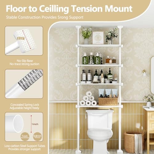Bonpally Over The Toilet Storage Shelf, 4-Tier Adjustable Bathroom Organizer, No Drill Tension Mounted Shelves Metal, Space-Saving Bathroom Cabinet Rack Above Toilet for Small Bathroom Rooms, White - Thumbnail 5