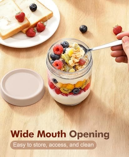 4 pack 16 oz Overnight Oats Containers with Lids and Spoons Glass Jars with Airtight Lids: Wide Mouth Mason Salad Jars, Leakproof and Reusable Glass Food Storage Container for Yogurt Snacks Spice - Thumbnail 2