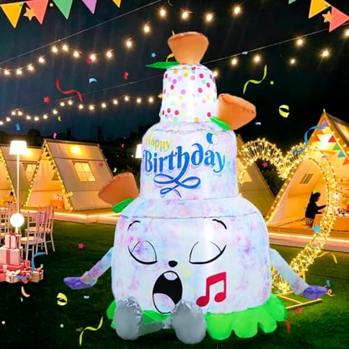 4.4FT Inflatable Tiered Cake Yard Decoration, Blow Up Happy Birthday Cake with Rainbow Splatter, IP65 Waterproof Decor for Engagement, Anniversary & Party, Includes Blower, Stakes, Sandbags