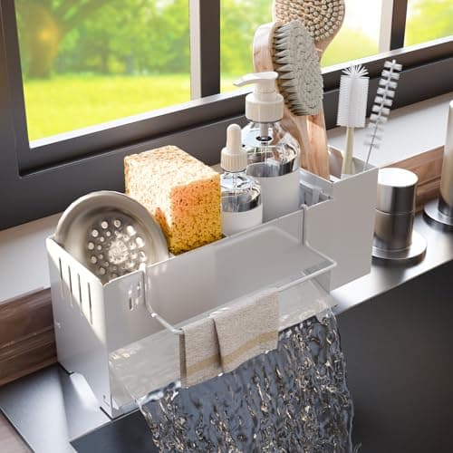 Azevix Kitchen Sink Caddy Organizer, Sponge Holder for Kitchen Sink with Upgraded Extra-Wide Drain Board, Efficient Drainage, Stainless Steel with Rust-Resistant Coating - Image 1