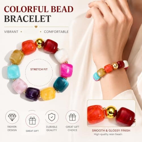 chorfla Boho Beaded Bracelet for Women,Colorful Rainbow Chunky Resin Elastic Bracelet, Handmade Style Summer Jewelry Gift - Thumbnail 2
