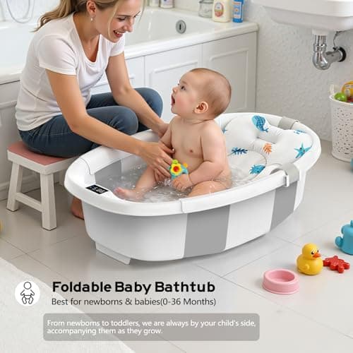 Collapsible Baby Bathtub for Newborn to Toddlers 0-36 Months, Large Baby Tub with Thermometer & Cushion, Easy Setup Foldable Travel Infant Bathtub, Newborn Babies Boy Girl Bath Tubs Grey - Thumbnail 2