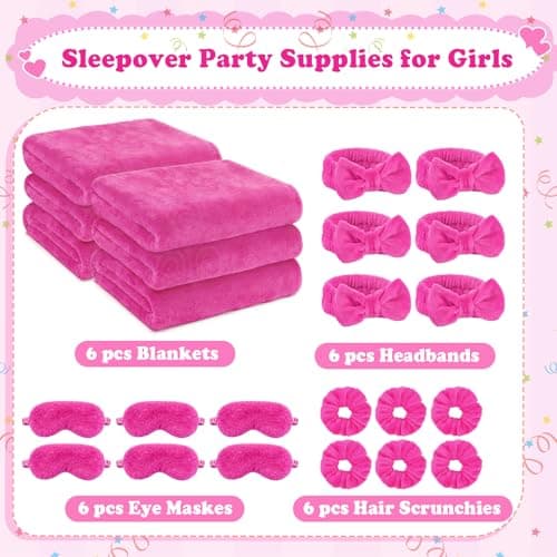 Nyxuso Sleepover Party Supplies for Girls, Spa Slumber Favor with Blanket Headband Eye Mask Hair Scrunchies(Rose 24Pcs) - Thumbnail 2
