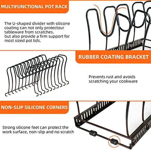 Pot Rack Organizer -Expandable Pot and Pan Organizer for Cabinet,Pot Lid Organizer Holder with 10 Adjustable Compartment for Kitchen Cabinet Cookware Baking Frying Rack,Bronze - Thumbnail 4