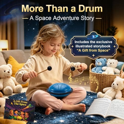 EX Steel Tongue Drum UFO Shape Design, Space Story Gift Set with Book & Stickers, 5.3 Inch 8 Notes Rain Drum for Outside Garden, Musical Instruments for Kids Adult Gift, Calming Drum, Blue - Thumbnail 3