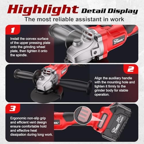 Tikeol 20V Cordless Angle Grinder Kit with 4.0Ah Battery & Charger - 4-1/2 inch Brushless Motor Cut-Off Tool Metal Cutting, Grinding & Polishing for DIY& Professional Use - Thumbnail 6
