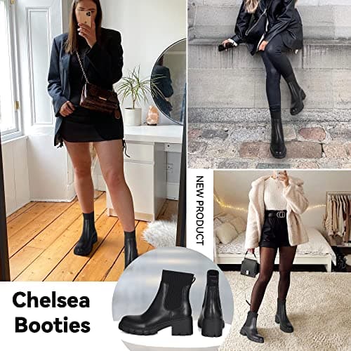 Athlefit Women's Black Chelsea Boots Fall Platform Ankle Boots Slip on Chunky Lug Sole Boots - Thumbnail 6