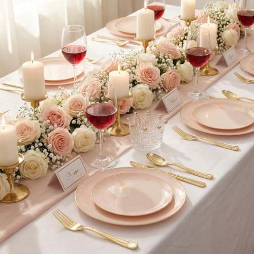 KIRE 175PCS Pink Plates Disposable - Heavy Duty Pink and Gold Plastic Plates Dinnerware Sets - 25 for Dinner 25 for Dessert 25 Pre Rolled Napkins 25Cups for Spring/Wedding/Party/Baby Shower - Thumbnail 3